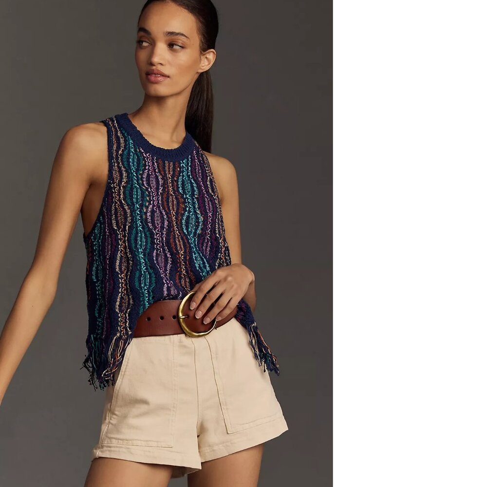 Anthropologie Navy Multicolor Knit Fringe Tank